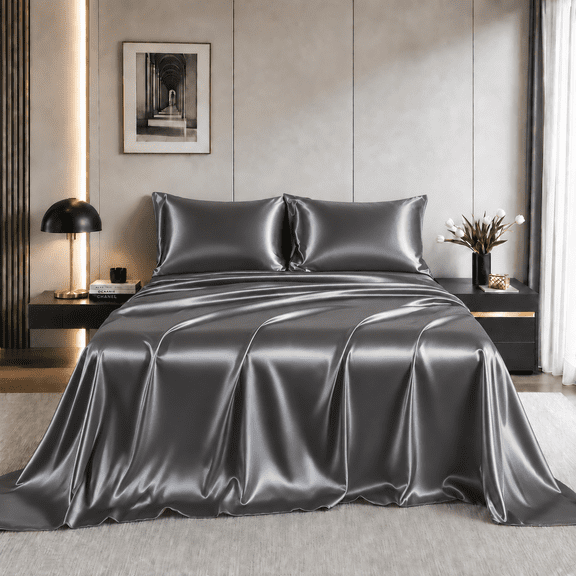 Yalamila Satin Sheet Set Queen Size, Grey 4 Pcs, Luxury Cooling Silky Soft 4 Pieces Bed Sheet Set with Deep Pocket Fitted Sheet, Flat Sheet and 2 Pillowcase for Hair and Skin