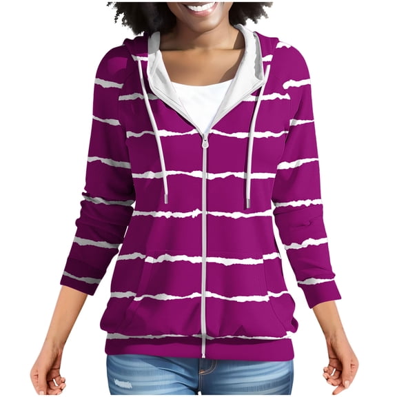 Htigea Striped Hoodies for Women Full Zip Up Hooded Long Sleeve Trendy Slim Fit Sweatshirts with Pockets Purple S