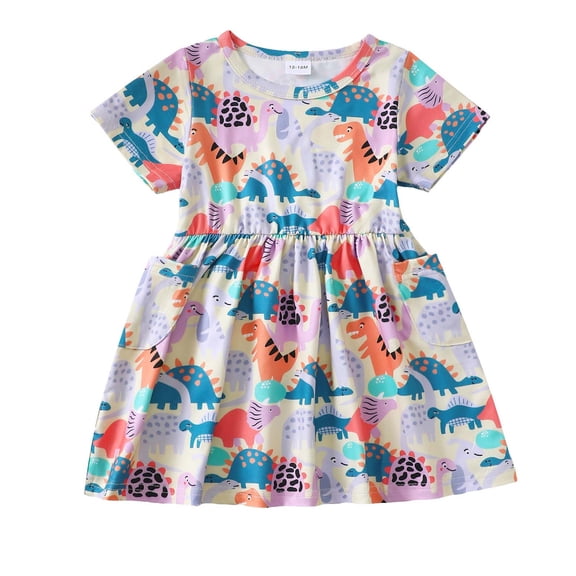 Kucnuzki 2T Toddler Girls Summer Dress 3T Child Girl Clothing Short Sleeves A-line Dresses Dinosuar Print One-piece Overalls Sweet Clothes Multicolor