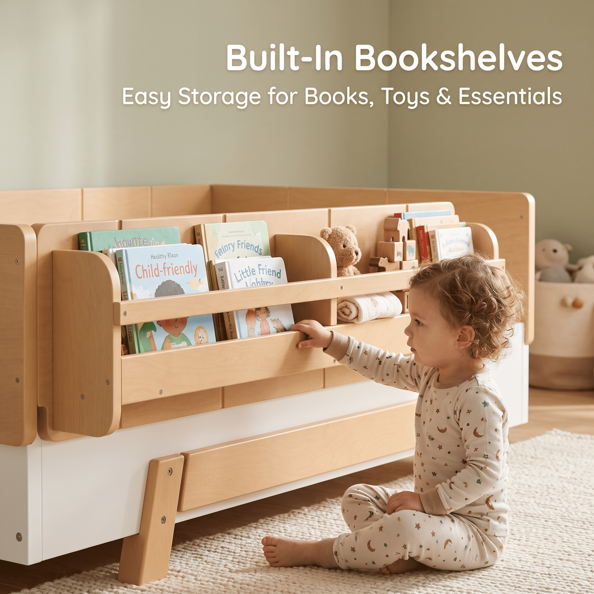 Miniyam Twin Size Montessori Floor Bed, Kids Bed Frame with Guardrails and Bookshelf Storage, White & Natural