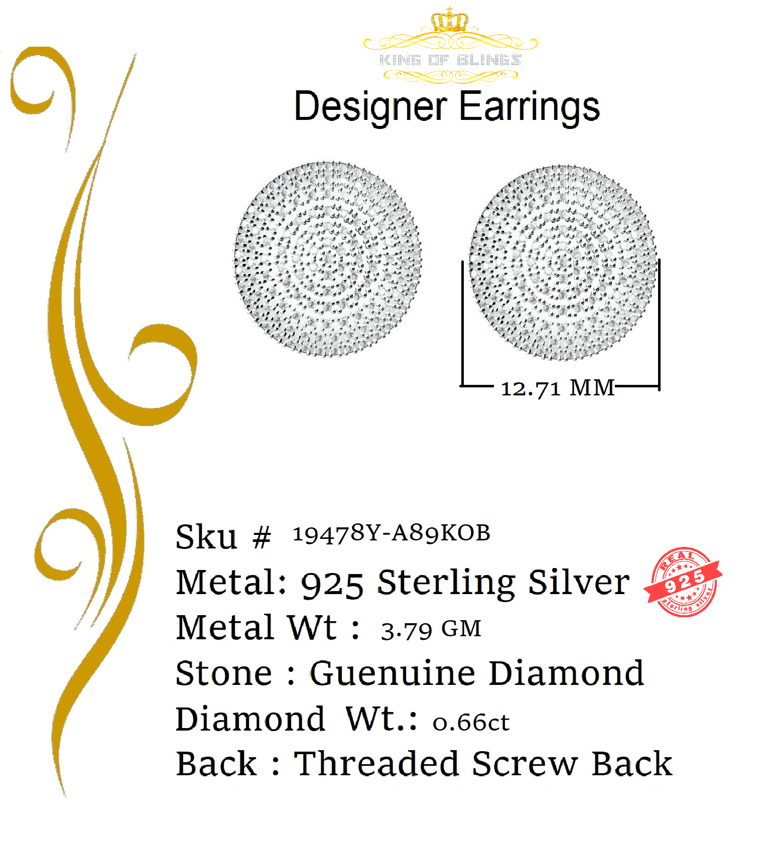 King of Bling's 925 Sterling Silver Yellow Hip Hop 0.66ct Diamond Men's/ Women's Stud Earrings