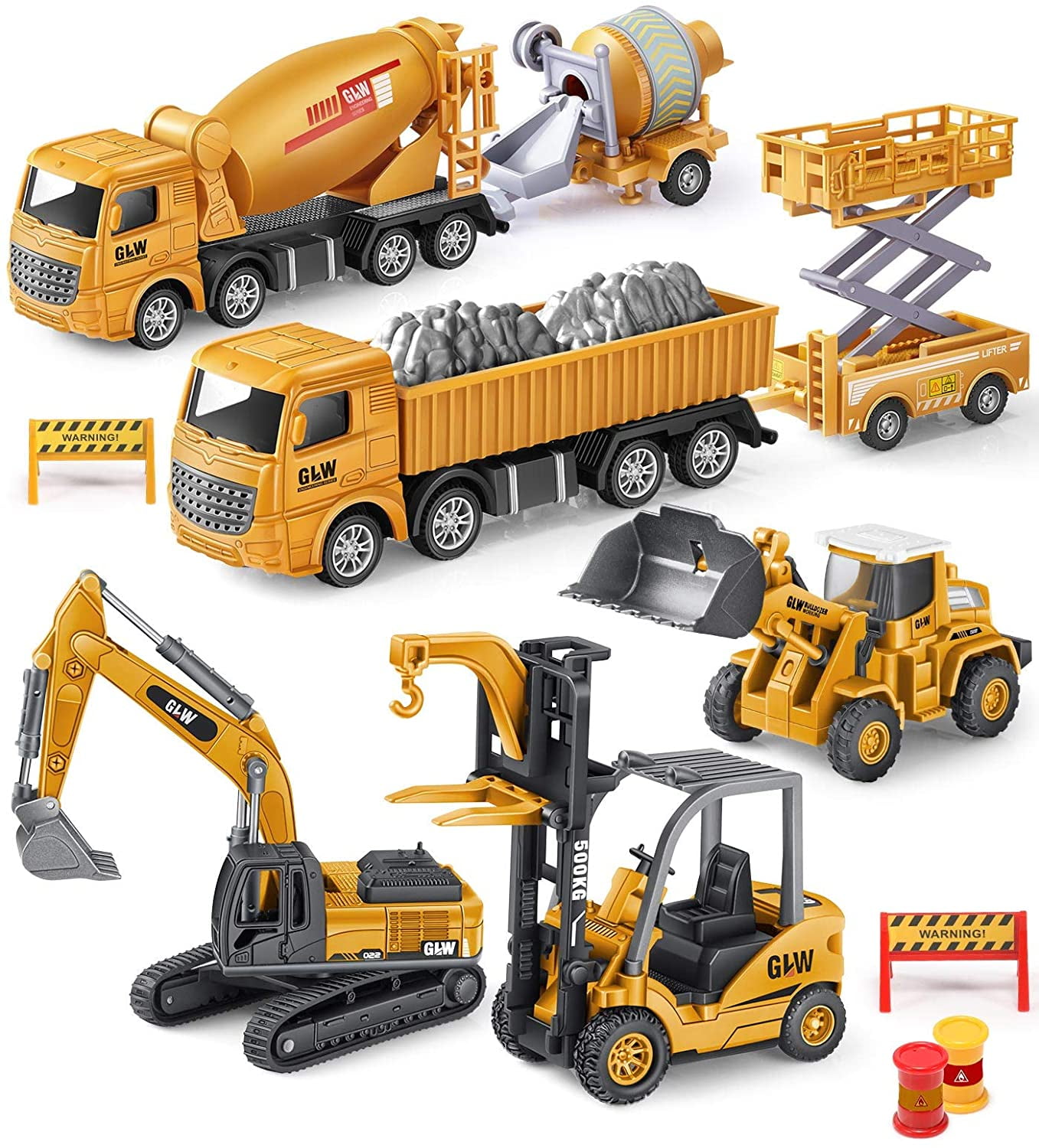 Dump 4 Pack Push & Go Engineering Vehicles Cars with Excavator Preschool Educational Learning Toy Gift for Kids Toddlers Construction Trucks Toy Cars for Boys 3 4 5 6 7 8 Years Old Crane Mixer 