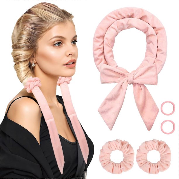 Rizador de pelo sin calor para usar durante la noche, diadema para mujer, rizos sin calor para cabello largo, rosa para dormir