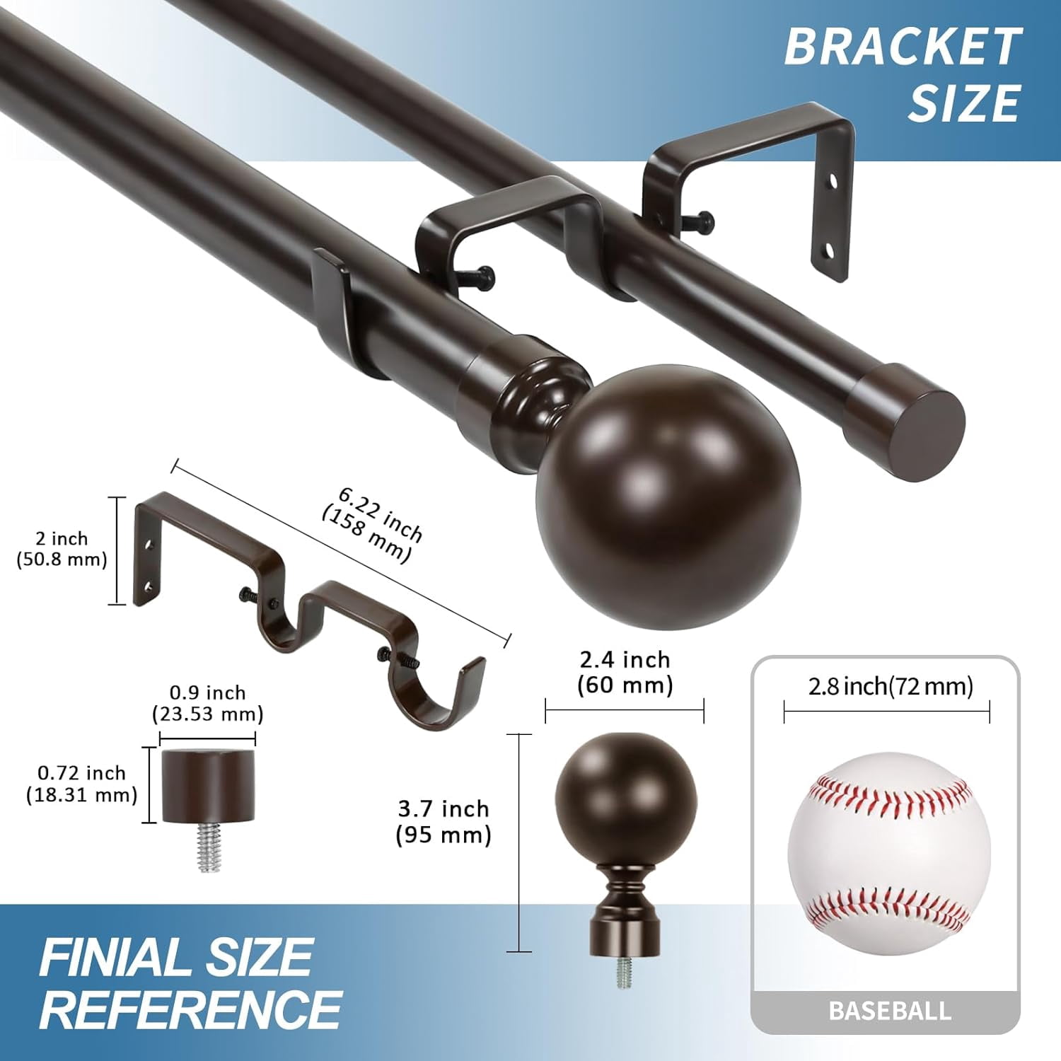 Urbanest Adjustable Double Curtain Rod Set Steel Ball Manhattan Finials – 1″ Front & 3/4 Back Rod With Bronze Rod, 28–48 Inches