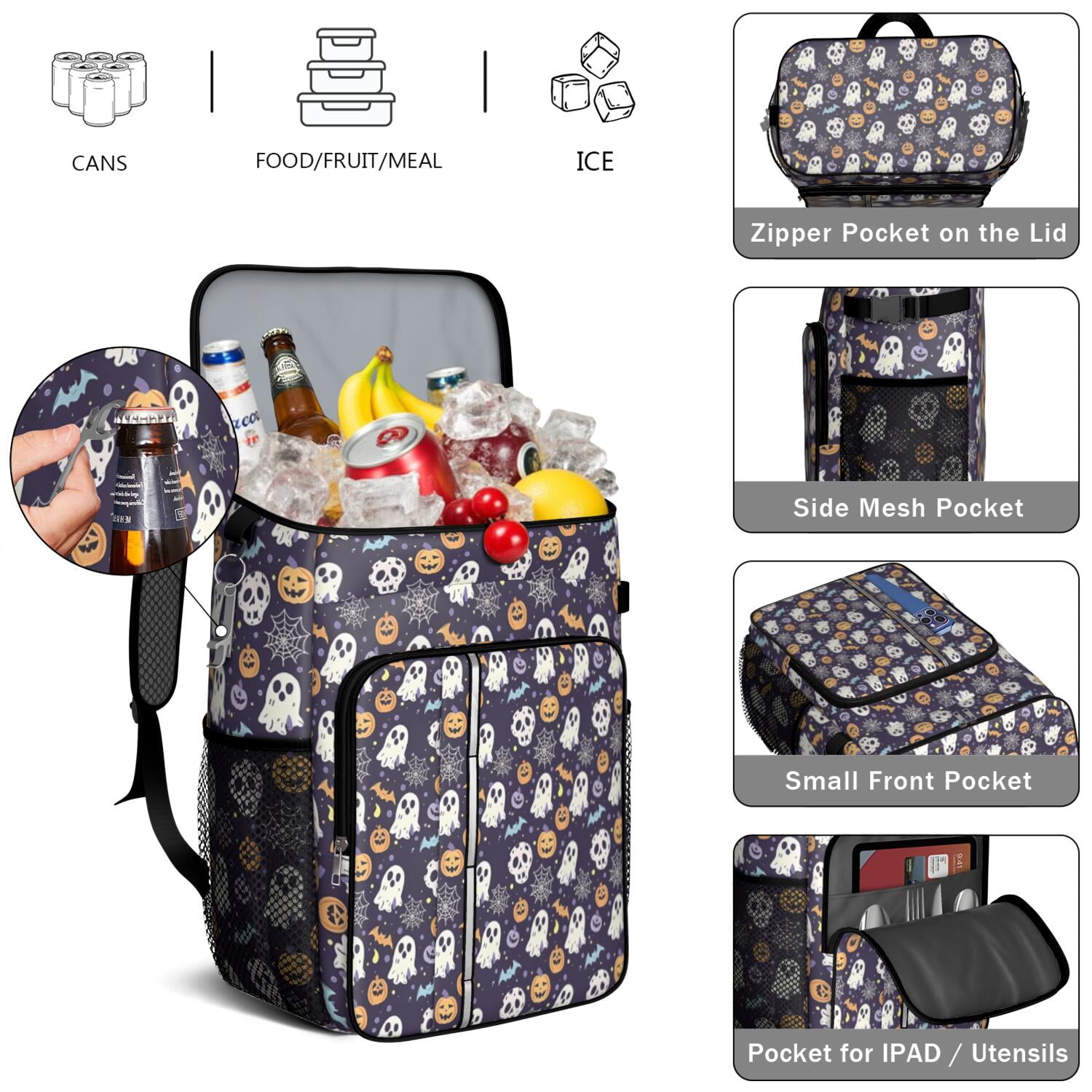 Travel Cooler Bag - Dark Halloween Pattern Camping Beer Cooler Backpack with Bottle Opener- Waterproof Insulated Picnic Backpacks - Cooler Bag for Beach
