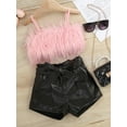 thumbnail image 2 of Arvbitana Toddler Baby Girls Short Pants Outfits Sleeveless Plush Trim Solid Sling Tops + Elastic Waist Leather Shorts with Belt Summer Clothes Set 2Pcs 12M-6T, 2 of 9
