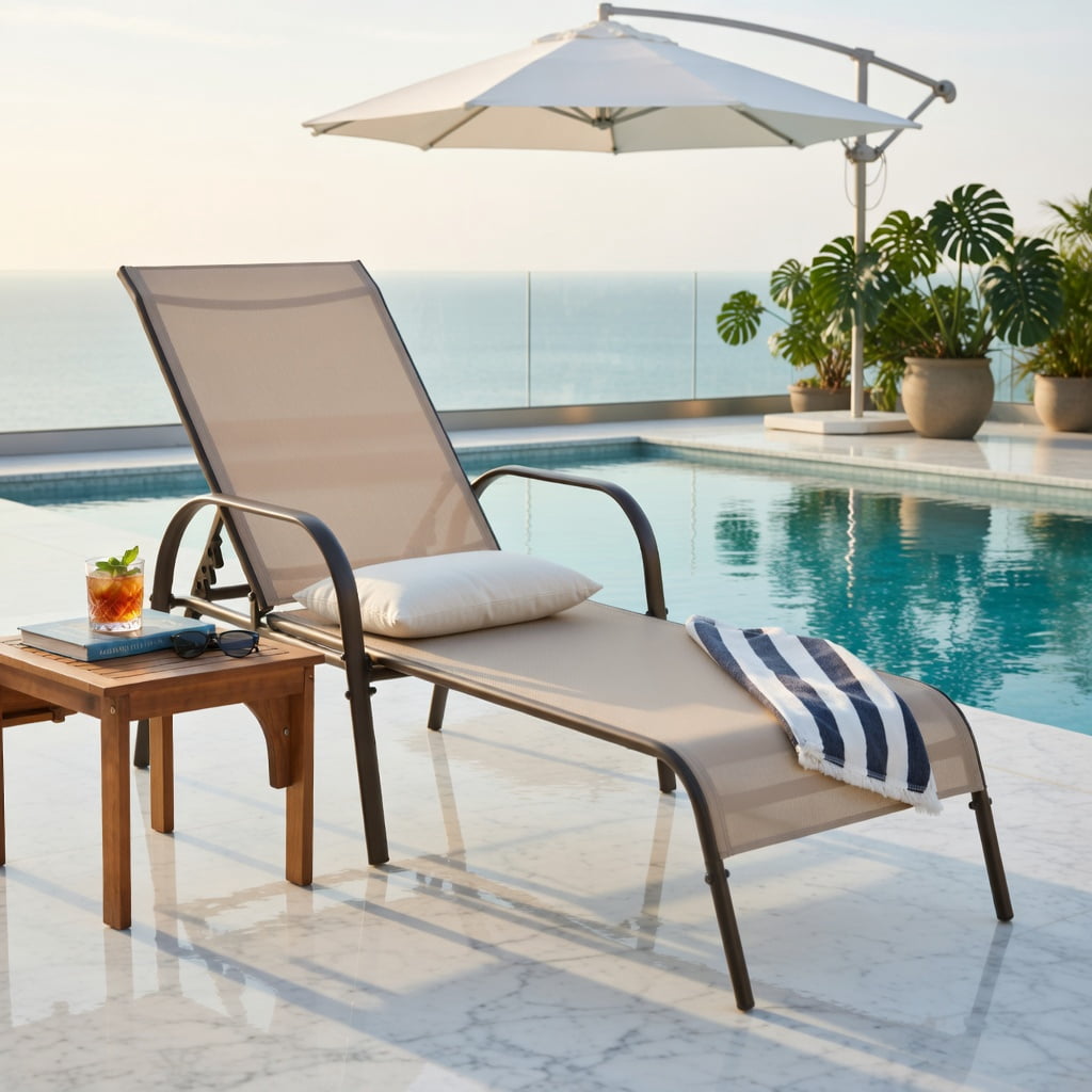 Hommoo Adjustable Folding Patio Chaise Lounge Chair, 5-Position Reclining Backrest, Weather-Resistant Fabric & Powder-Coated Steel Frame, Brown