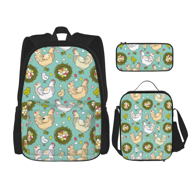 Disketp Chicken Laying Eggs Mochila Estampada de Gran Capacidad con Lonchera y Estuche, Set de 3 Piezas para Estudiantes