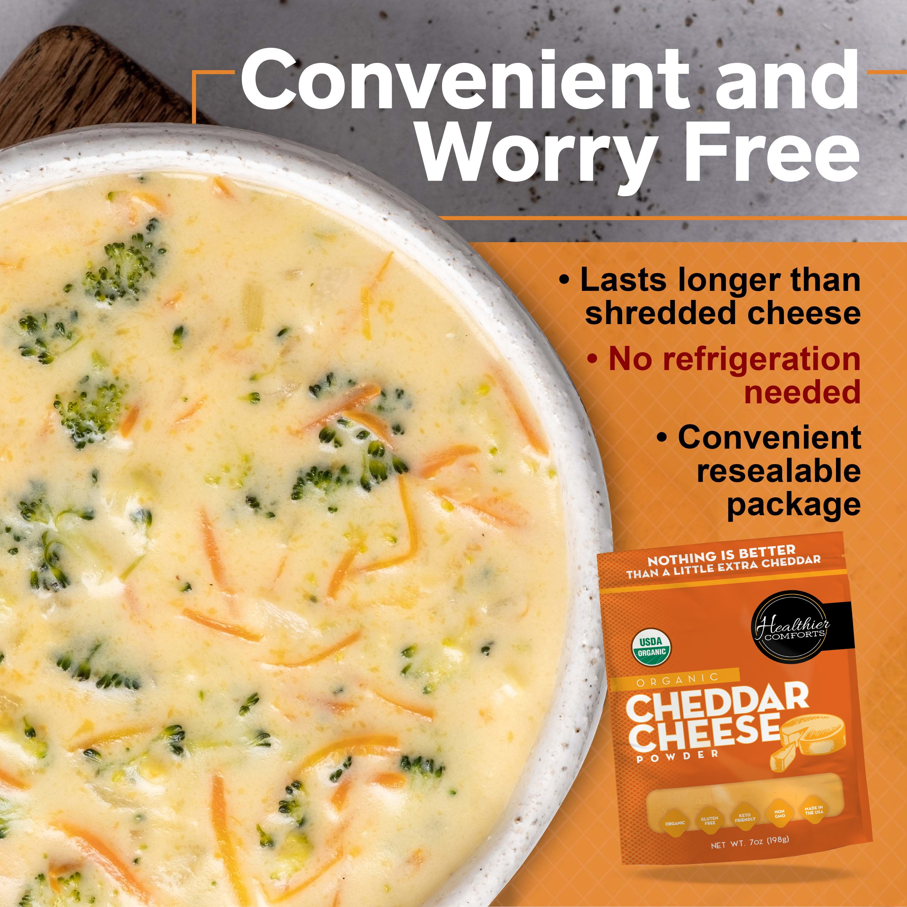 Healthier Comforts Organic Cheddar Cheese Powder 7oz | Gluten Free, Keto-Friendly, Non-GMO, Antibiotic & Hormone Free | Perfect for Popcorn Seasoning, Mac and Cheese, Pasta & Sauces