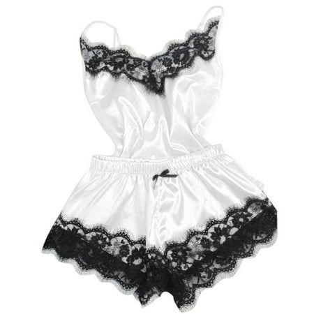 

DNDKILG Womens Casual Pajamas Set Satin 2 Piece Cami and Shorts Pj Set Lingerie Lounge White 2XL
