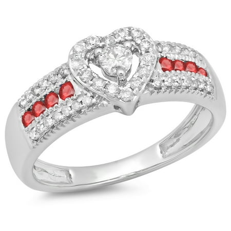 0.55 Carat (ctw) 18K White Gold Round Cut Ruby & White Diamond Ladies Bridal Heart Shaped Promise Engagement Ring 1/2 CT
