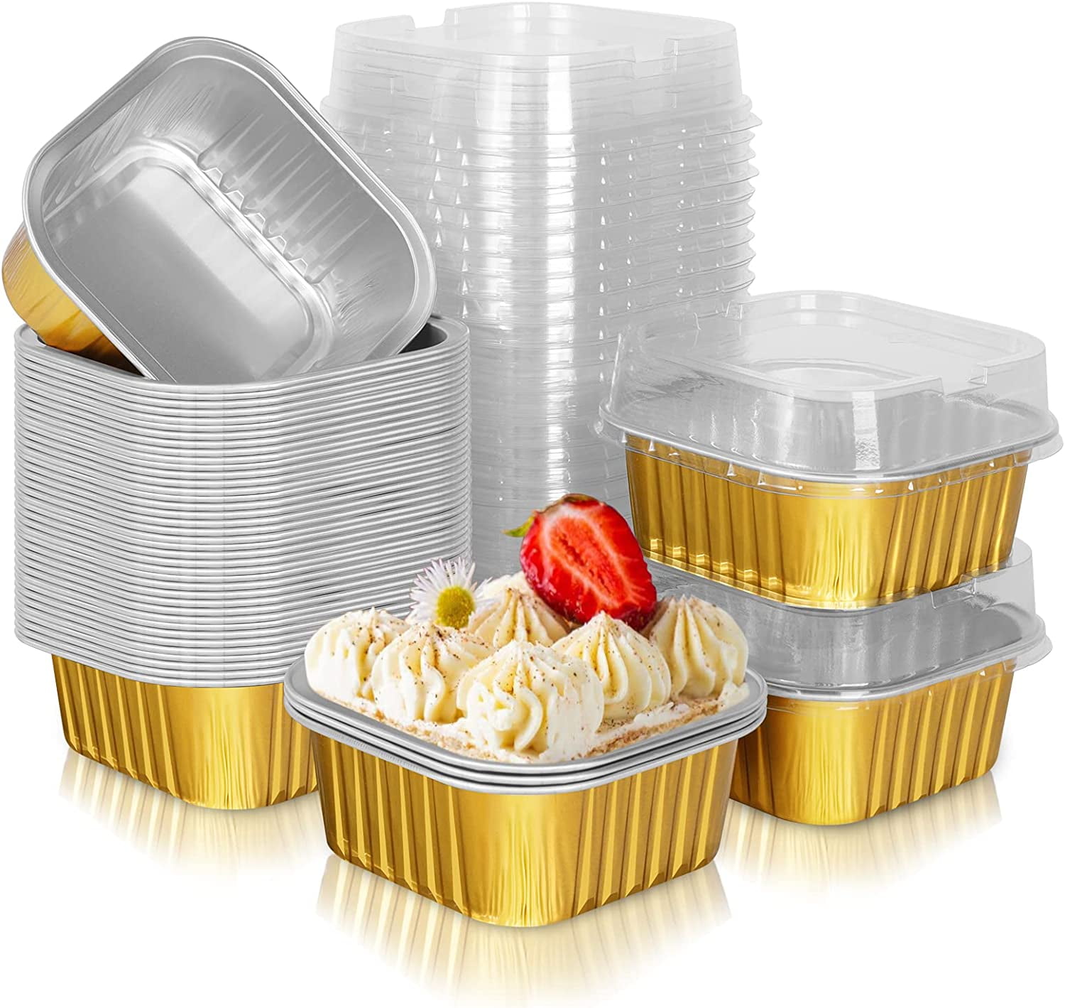 Aluminum Foil Mini Square Baking Cups, 50pcs 5oz Disposable Ramekins