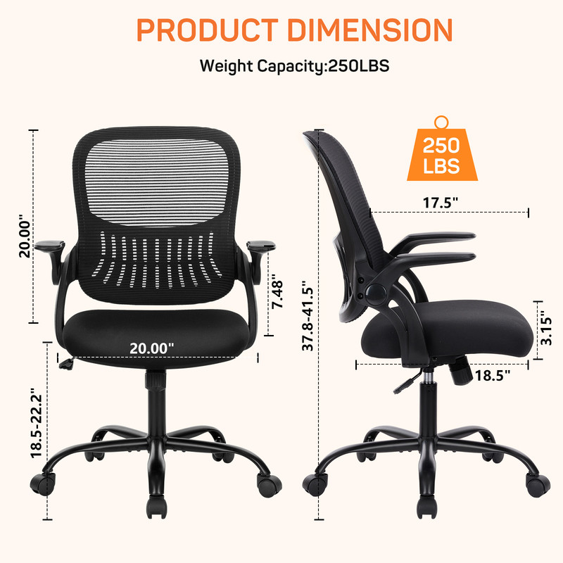 Office Desk Chair, Ergonomic Mid-Back Mesh Chair with Wheels, Comfy Lumbar Support with Flip-up Arms for Home office, Gaming, Study, Black