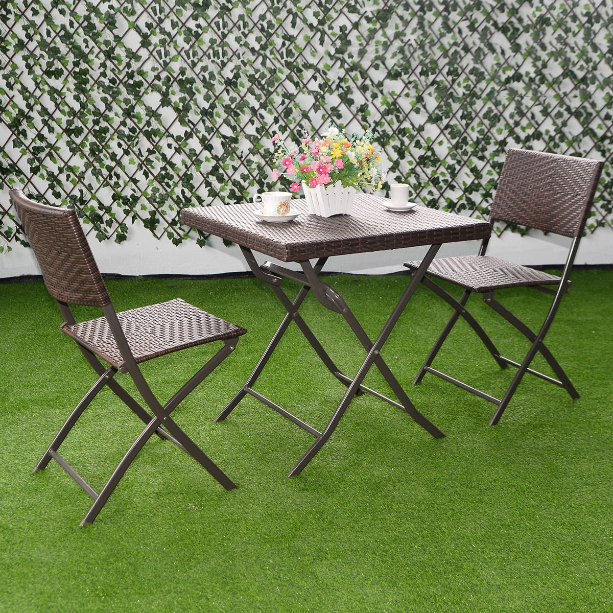 Costway 3 PC Outdoor Folding Table Chair Furniture Set Rattan