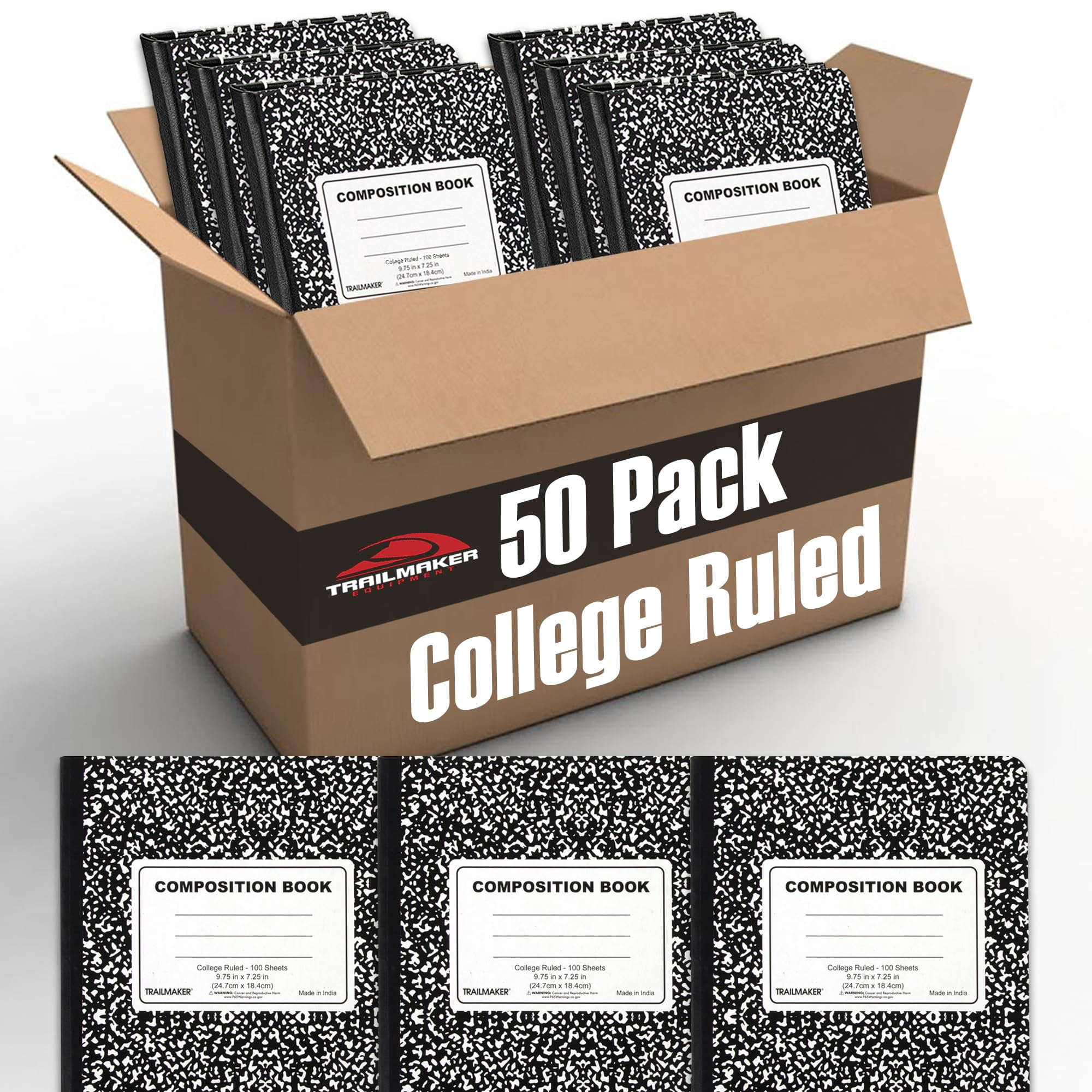 Bulk Composition Notebooks 50 Pack, College Ruled 200 Pages 100 Sheets, 9.25 x 7.5 Inch, Hard Cover Marble Notebooks for Work Office, Black
