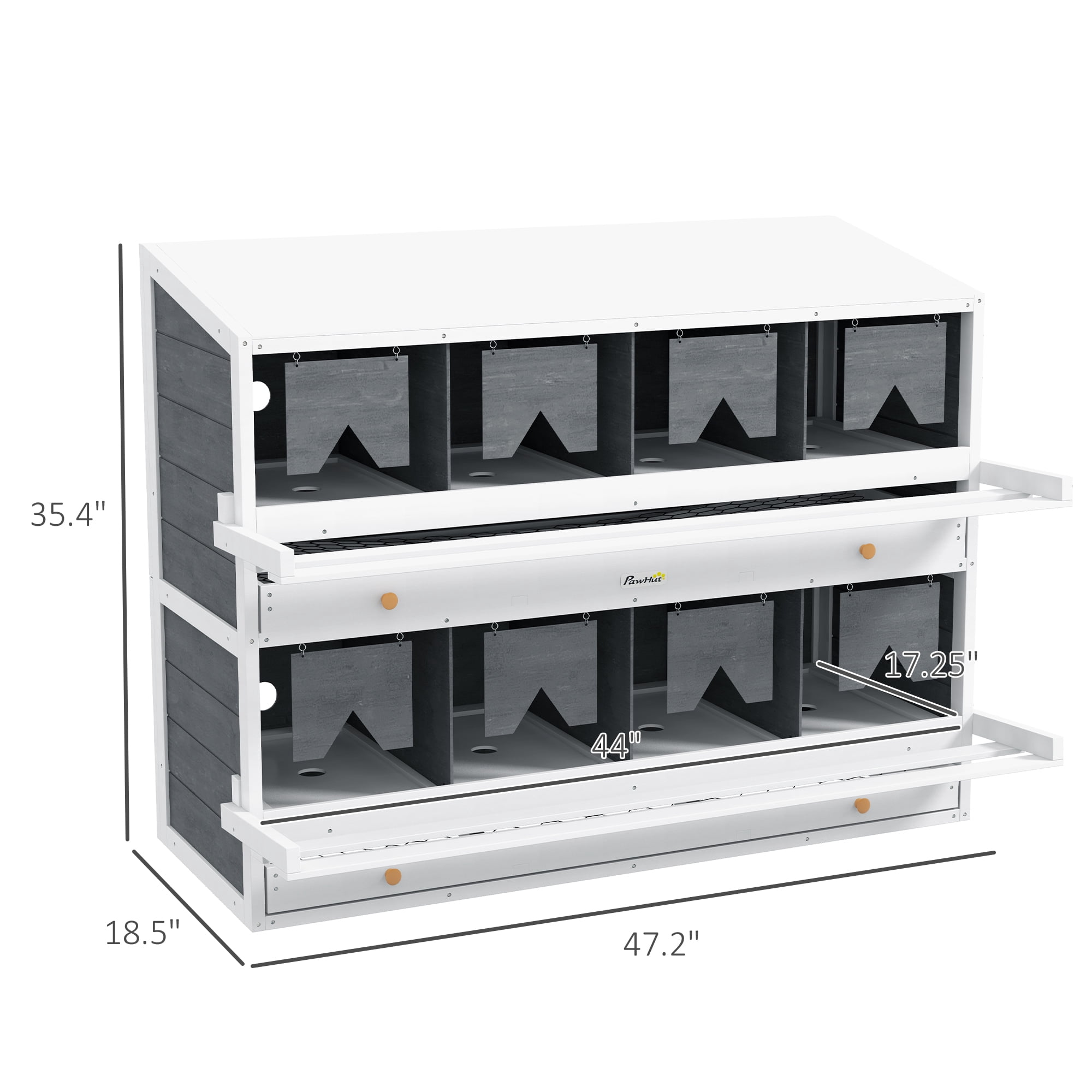 Nesting Boxes for Chickens, 8 Compartments Wood Roll Out Laying Nest Box with 2 Egg Collection Trays, 4 Perches for 16-32 Hens, Gray
