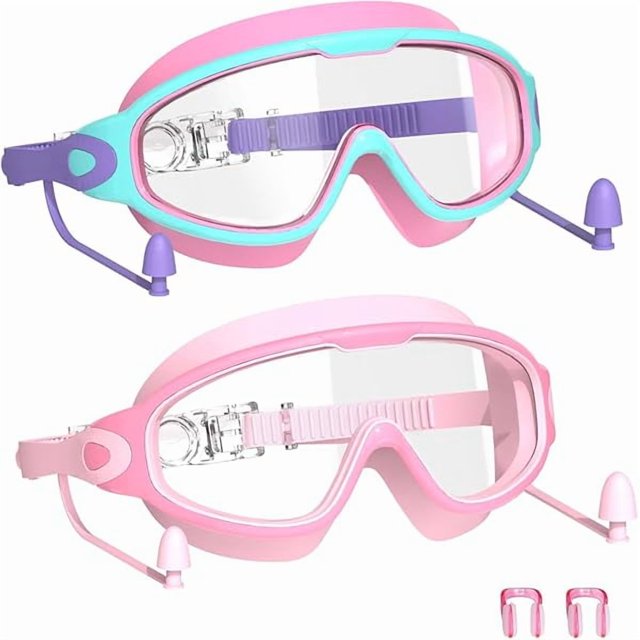 Chenchen Swim Goggles for Kids 3-15 with Earplugs Large Frame Anti-Fog/UV Swimming Goggles for Boys Girls Toddler 2PCS