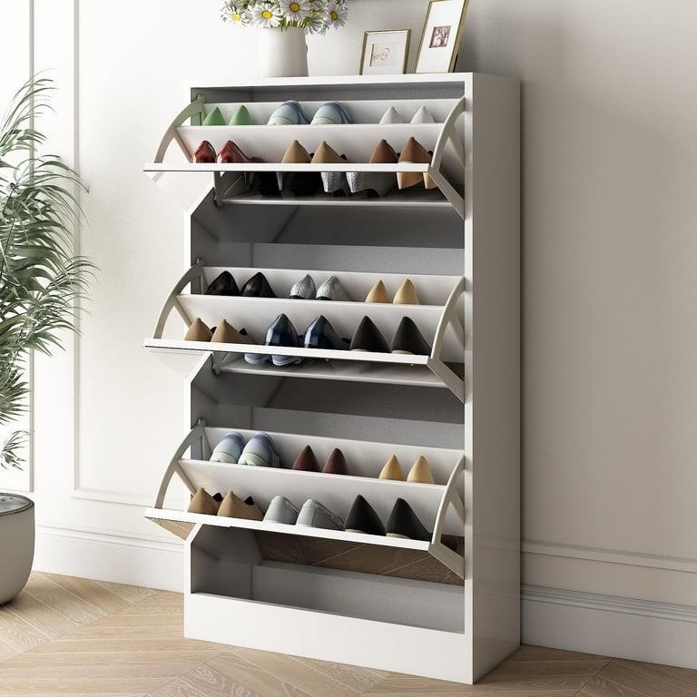 UBesGoo Decorative 3-Door Shoe Cabinet with Hidden Drawers, White