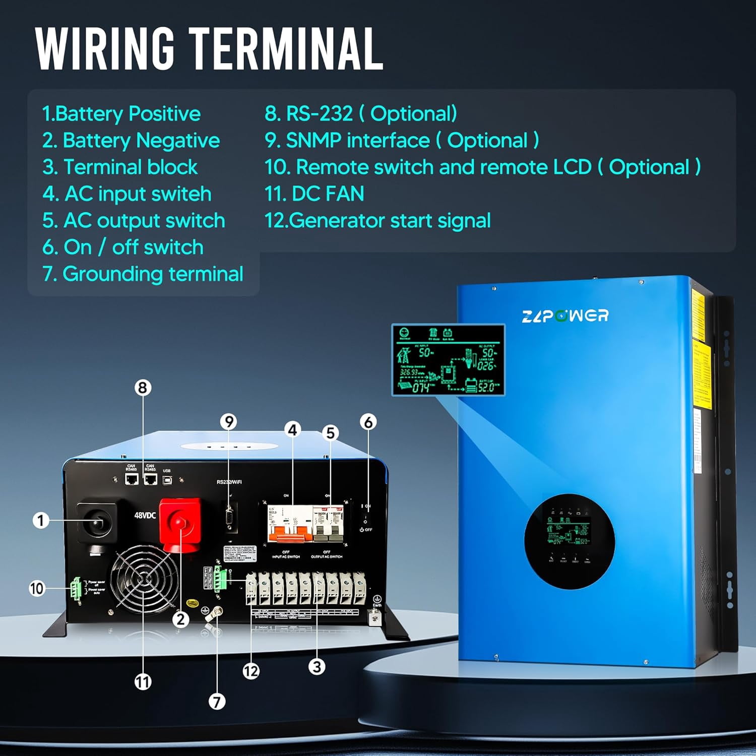 10KW Solar Hybrid Inverter Off Grid 110/220Vac Low Frequency DC 48V AC Input 240V AC Output 120V/240V Split Phase Pure Sine Wave Power Converter with 2x80A MPPT Charger Controller 10000W