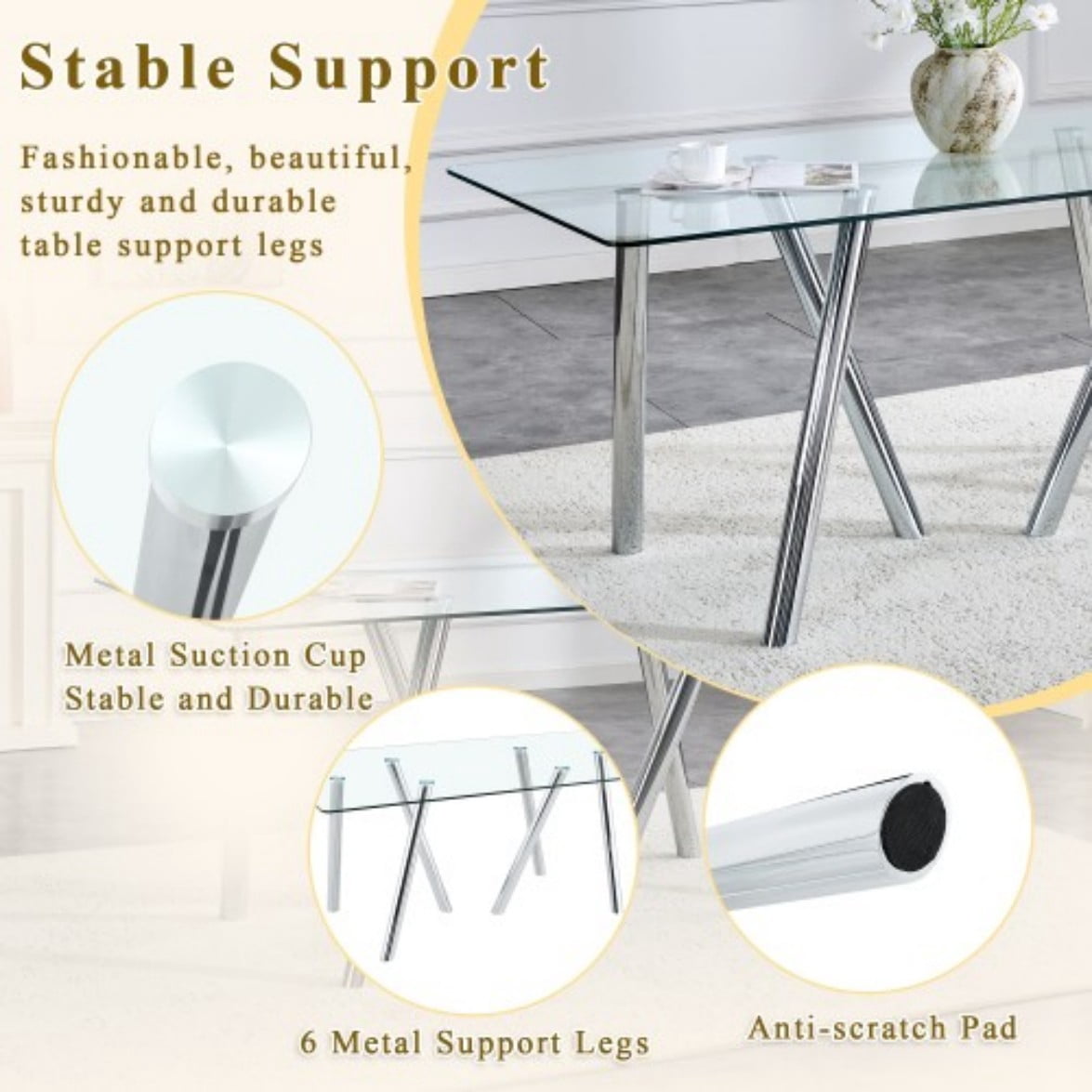 71" Tempered Glass Dining Table, Modern Large Kitchen Table with Sturdy Metal Legs, Round Edge Dining Room Table for Home & Family, Silver