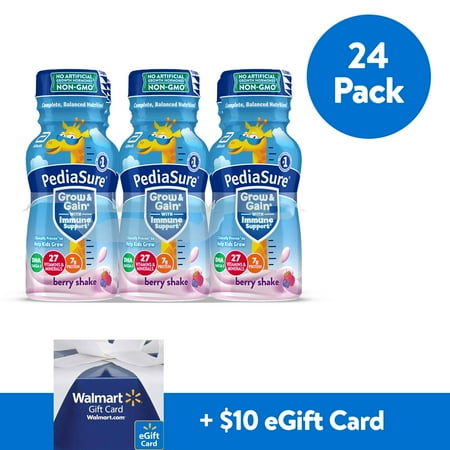 PediaSure Grow & Gain Kids’ Nutritional Shake, with Protein, DHA, and Vitamins & Minerals, Berry, 8 fl oz, 24-Count with complimentary $10 eGift Card
