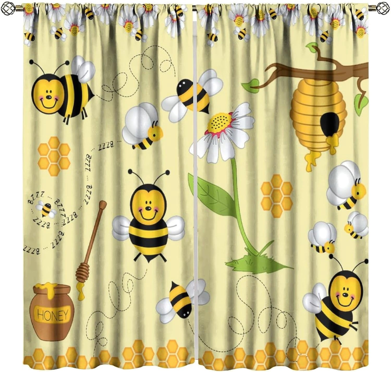 Bee Blackout Curtains Cartoon Flying Bees Daisy Honey Chamomile Flowers Spring Animal Print Living Room Bedroom Cafe Heat Insulation Privacy Curtains 42x63 Inch