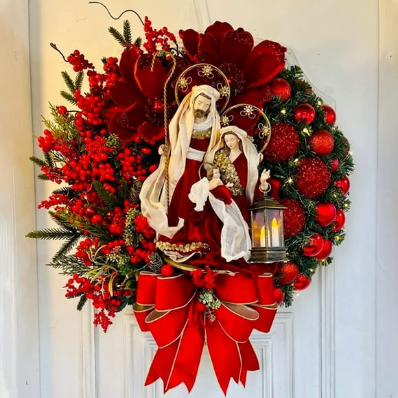 Christmas Wreath Holy Christmas Wreaths With Lights Hristmas Scene Christmas Wreaths With Lights Christmas Wreaths By The Front Door Artificial Christmas Wreaths With Warm LED Lights(40CM/16IN)
