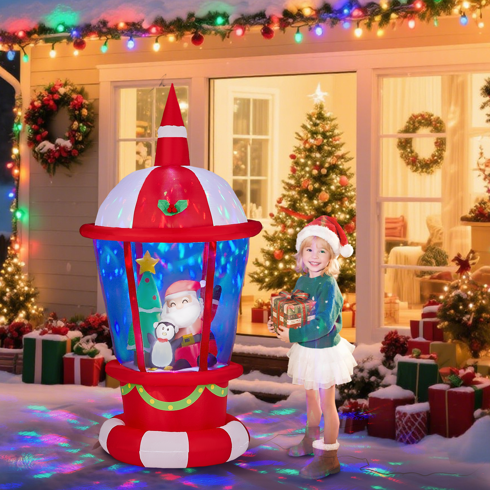 Astoutdoor 7.3 ft Lighted Christmas Inflatable Decoration, Inflatable Lighthouse with Santa and Penguin, Blow Up Yard Decoration with Built-in LED Lights for Front Yard Lawn Garden Decor