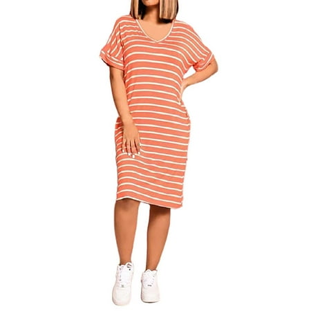 

jsaierl Summer Dress Women 2023 Plus Size Striped Short Sleeeve Dress Cute Short Sleeve Midi Dress Fashion V Neck Dress with Pocket