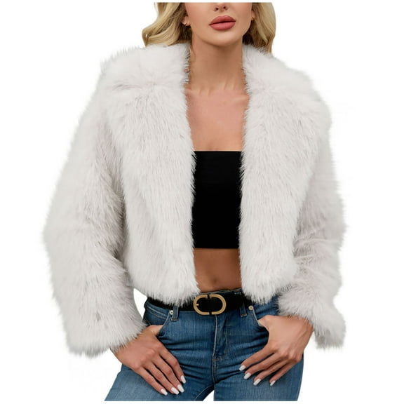 Nfurl Faux Fur Cropped Jackets for Women Soft Fluffy Fleece Long Sleeve Open Front Lapel Short Jacket Ladies Fall Winter Outerwear White M