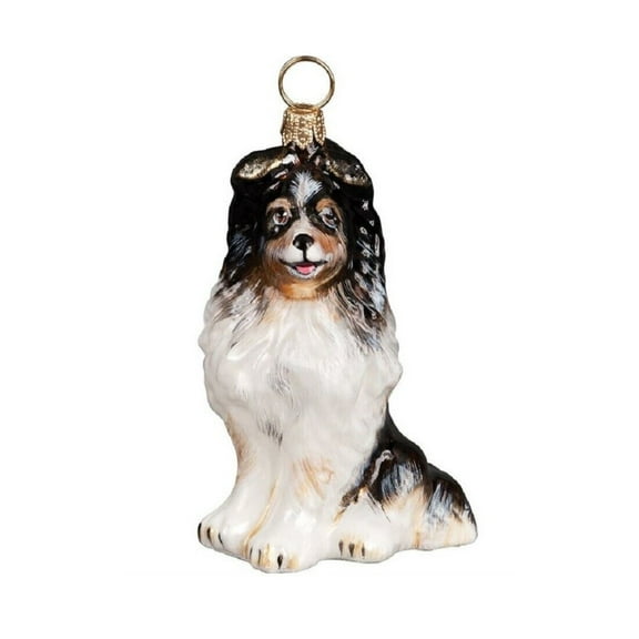 Tricolor Shetland Sheepdog Sitting Dog Polish Blown Glass Christmas Ornament