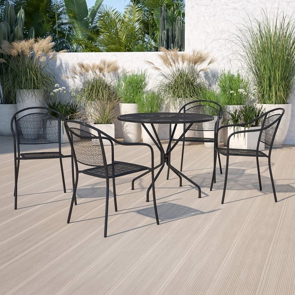 Bowery Hill 5 Piece 35" Round Steel Flower Print Patio Dining Set in Black