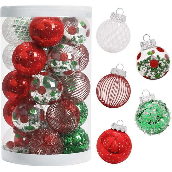 25PCS Christmas Ornaments Set, 2.36"/6CM Assorted Clear Plastic Shatterproof Ball Hanging Ornaments for Xmas Tree Decorations, for Indoor Home Holiday Decor