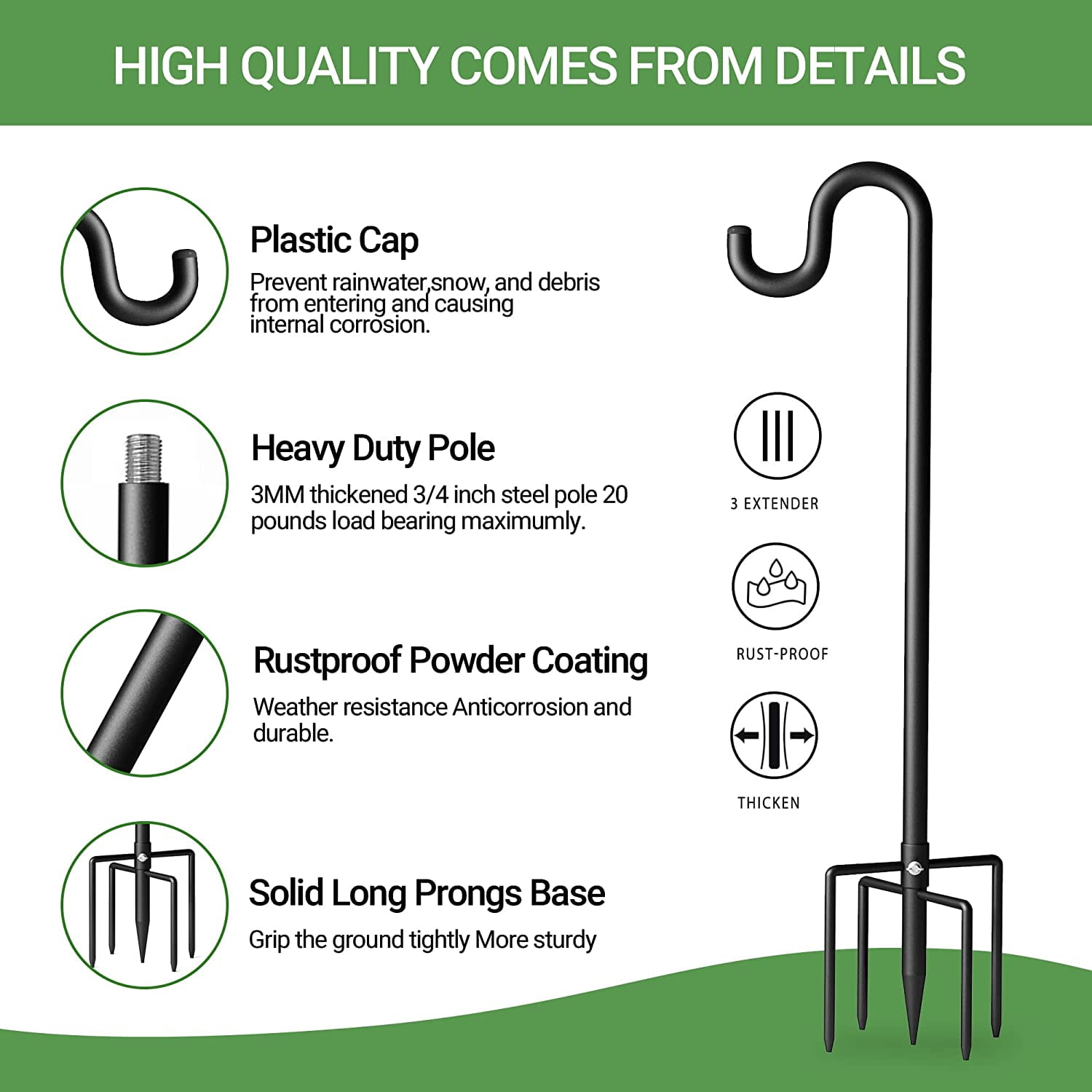 76" Shepherds Hooks for Outdoor, Extra Thick Bird Feeder Pole with 5 Prong Base, Adjustable Shepards Hook for Garden, Weddings, Hanging Plant