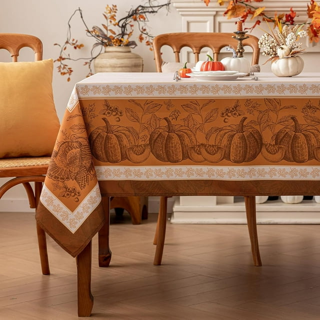 Nappe Rectangulaire d'Automne 60 x 84 Pouces, Nappe de Citrouille de Récolte d'Automne de l'Action de Grâce, Nappe Résistante aux Taches Lavable pour Salle à Manger, Fête, Décoration de Vacances - Orange et Beige
