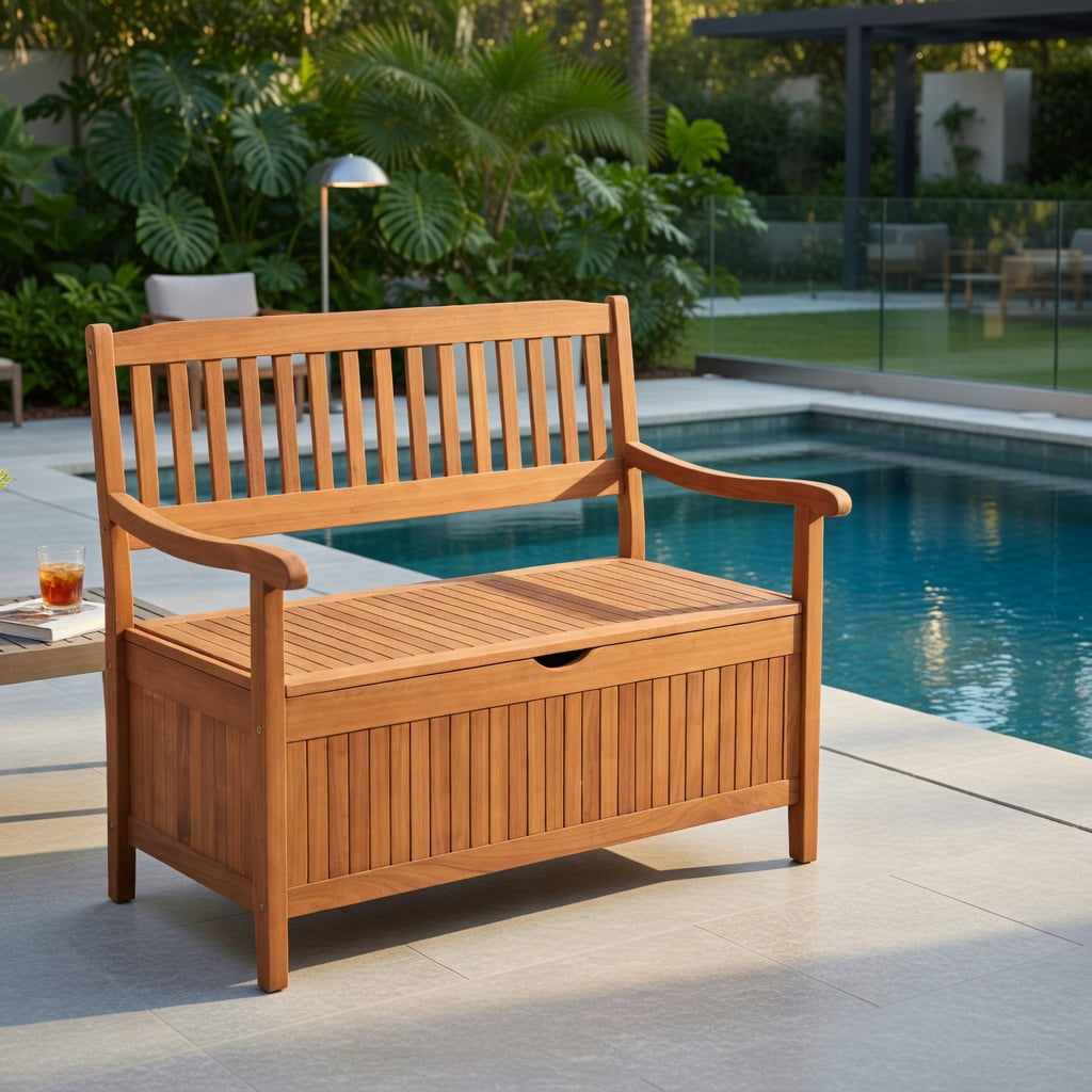 Hommoo 33-Gallon Eucalyptus Wood Outdoor Storage Bench with Liner, Patio, Garden & Porch Seating, Natural