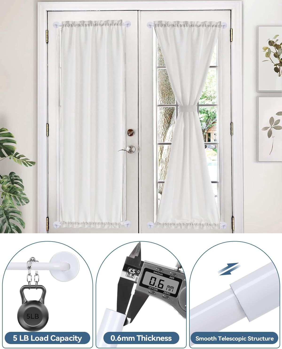Sparklane -2 Pack Magnetic Curtain Rod for Metal Doors,French Door Magnetic Curtain Rods Adjustable from 18 to 30 Inch,3/8 Inch Diameter, Magnet Cafe Curtains Rod,No Tool and Easy Installation,White