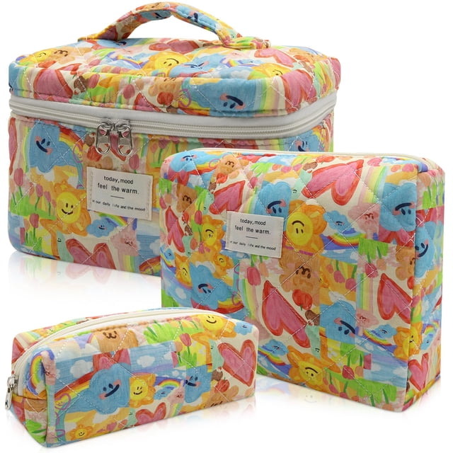 Set de bolsas de maquillaje Gosect, bolsa de cosméticos acolchada con estampado floral, 3 unidades