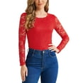 thumbnail image 1 of Blusa de encaje con bordado de flores de manga larga y cuello redondo para mujer INSPIRE CHIC XL roja, 1 of 1