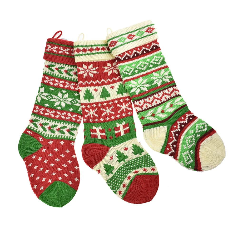 Knitted Snowflake and Tree Christmas Stockings, Red/White/Green, 20