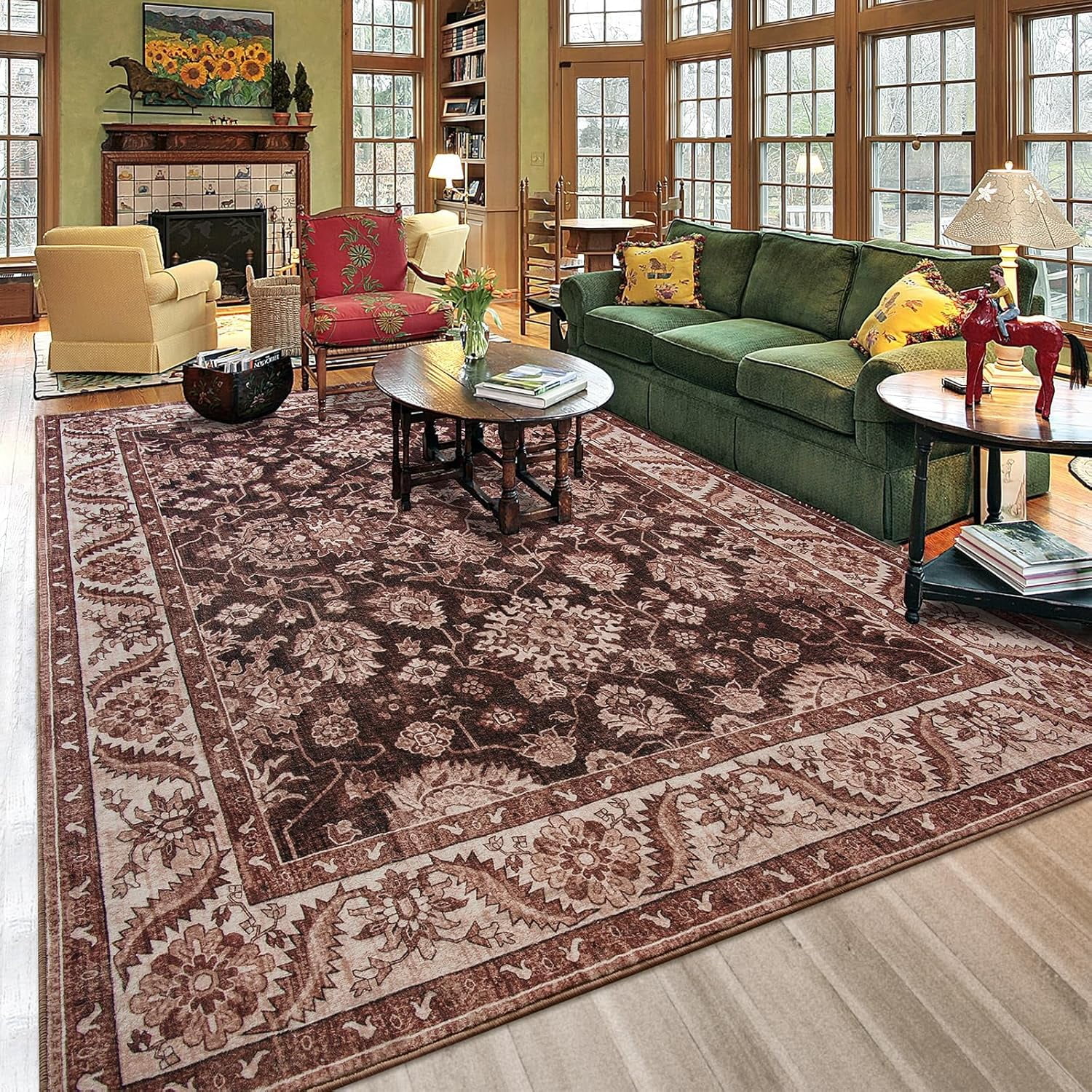 Homore Vintage Boho Traditional Oriental Faux Wool Area Rug, 5' x 7', Reddish brown