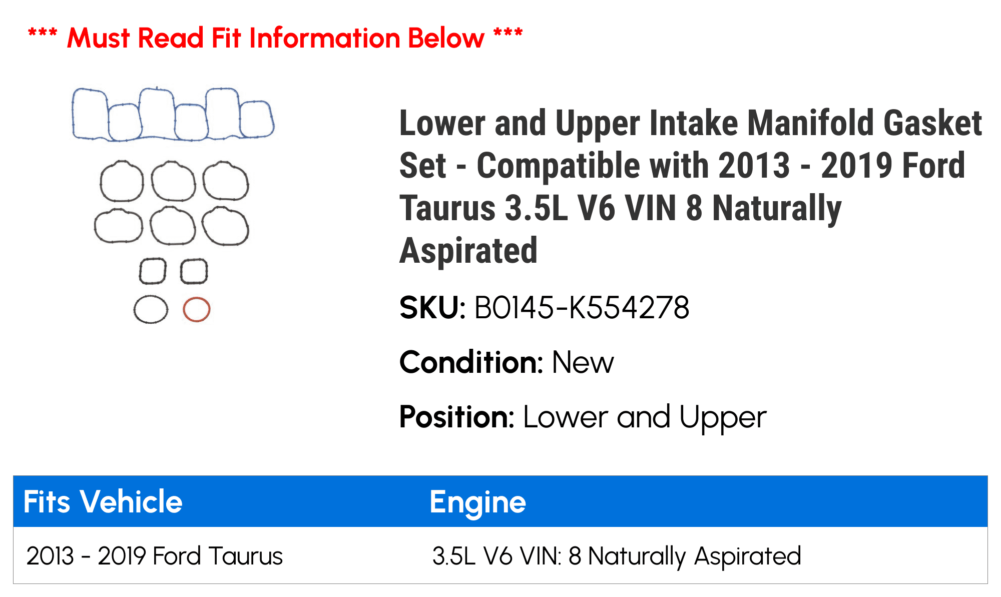 Lower and Upper Intake Manifold Gasket Set - Compatible with 2013 - 2019 Ford Taurus 3.5L V6 VIN 8 Naturally Aspirated 2014 2015 2016 2017 2018