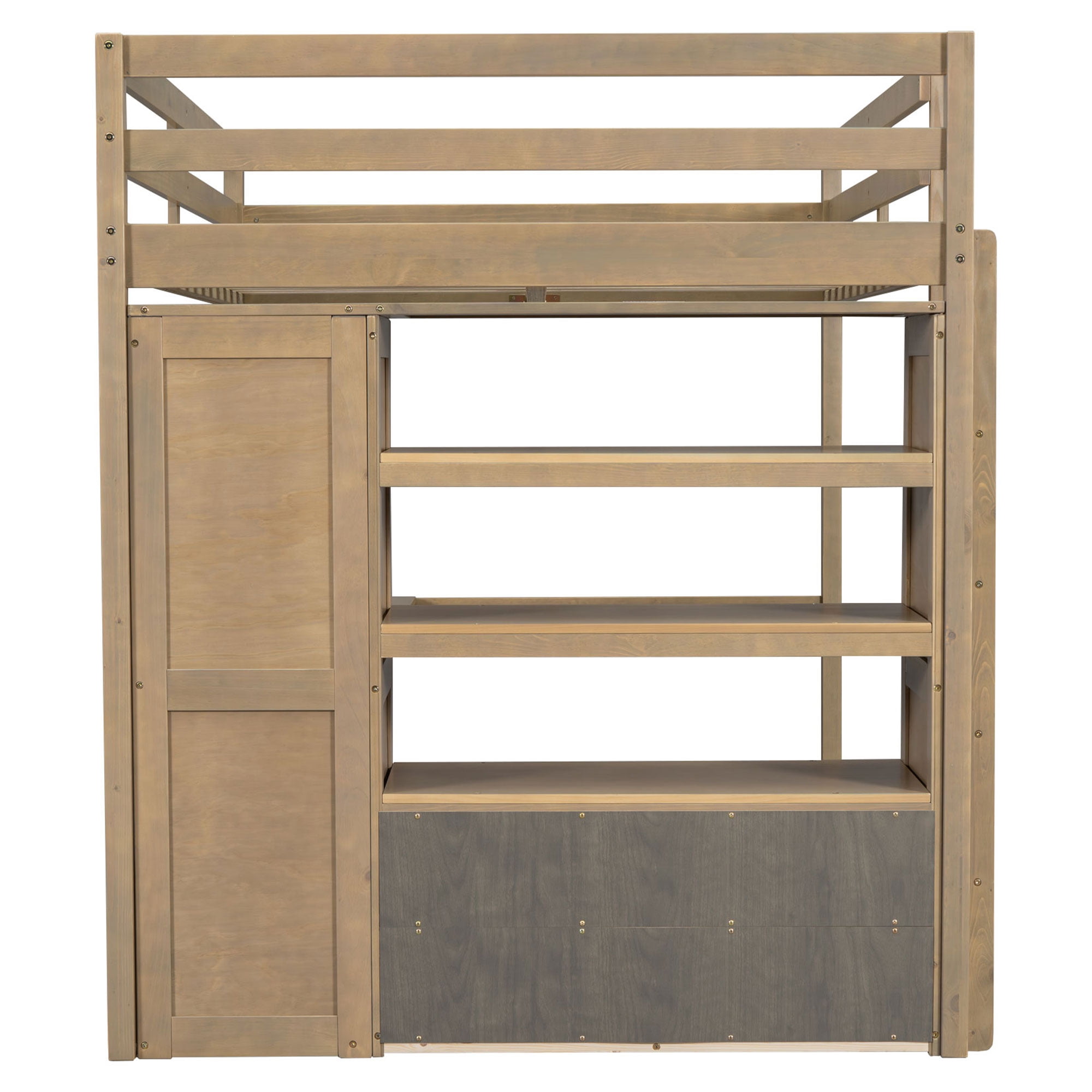 Euroco Wood Full Size Loft Bed with Desk and Wardrobe, Storage Shelves and Bookcase for Kids Teens, Walnut