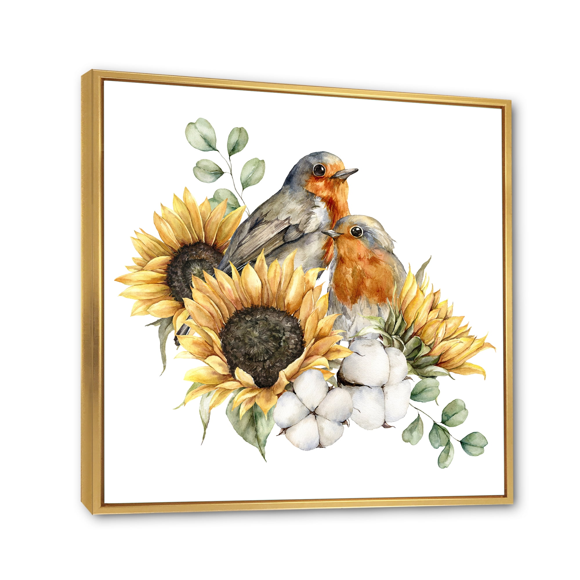 Designart 'Autumn Bouquet With Robin Redbreasts Sunflowers Cotton' Traditional Framed Canvas Wall Art Print