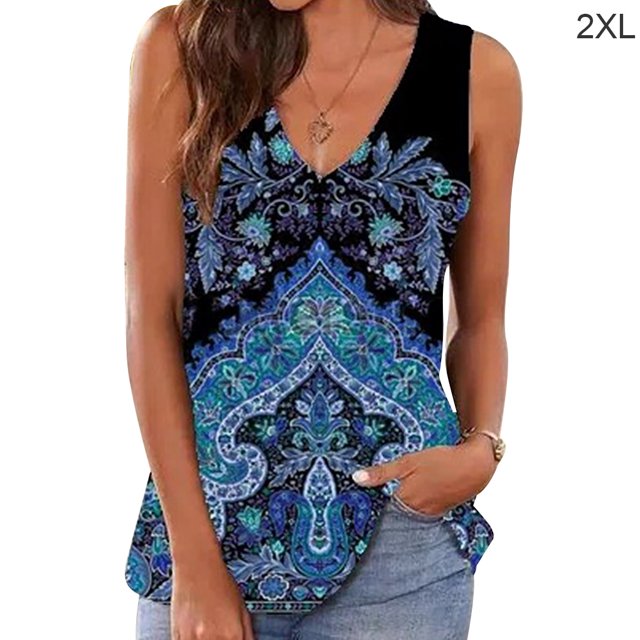 Jumpingount Camiseta sin mangas con cuello en V sin mangas con estampado bohemio para mujer Prendas para la parte del cuerpo Azul XXL Jumpingount AP002039-17