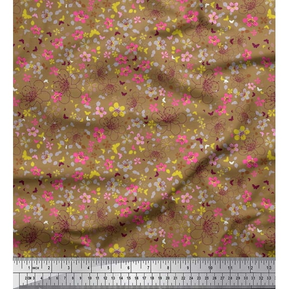 Soimoi Cotton Duck Fabric Leaves,Butterfly & Flower Print Fabric by Yard 42 Inch Wide