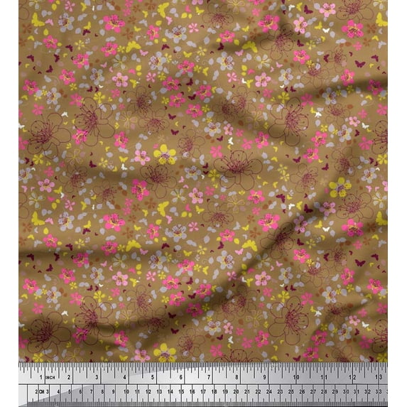 Soimoi Velvet Fabric Leaves,Butterfly & Flower Floral Print Fabric by the Yard 58 Inch Wide