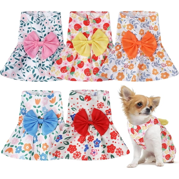 5 Pieces Dog Dresses for Small Pet Girls Floral Puppy Dresses Dog Princess Bowknot Dress Cute Summer Outfits Cat Clothes for Female Cat Small Pets, 5 Styles