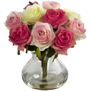 Nearly Natural Rose Arrangement Artificial Flowers with Vase, Multi-color