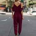 thumbnail image 5 of Gaecuw Jumpsuits for Women Rompers for Women Summer Short Sleeve Overall with Pockets V Neck Band Collar Solid Onesie One Piece Outfits Loose Baggy Long Pants Wide Leg Summer Romper Calf Length, 5 of 5
